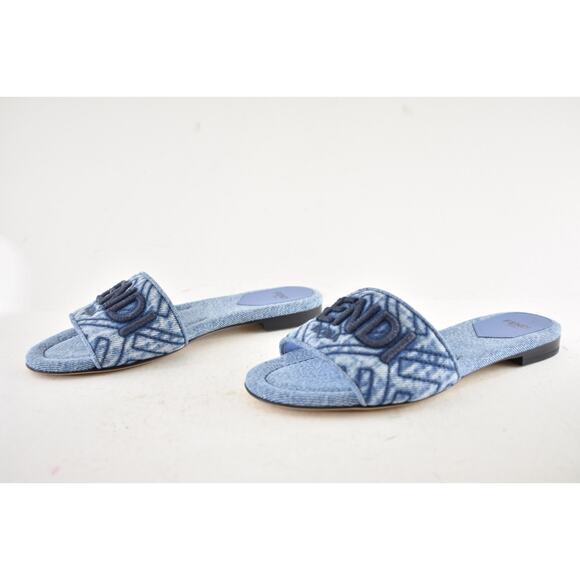 Fendi Blue Denim Signature FF Monogram Logo Mule Slide Flat Flip Flop Sandal 36 - Picture 12 of 15